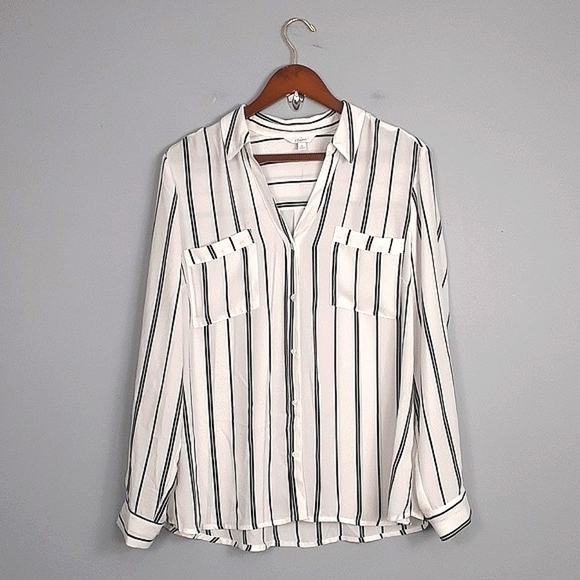 Candie's Striped Black Cream Ivory White Pinstripe Long Sleeve Button Down Top - Picture 2 of 9